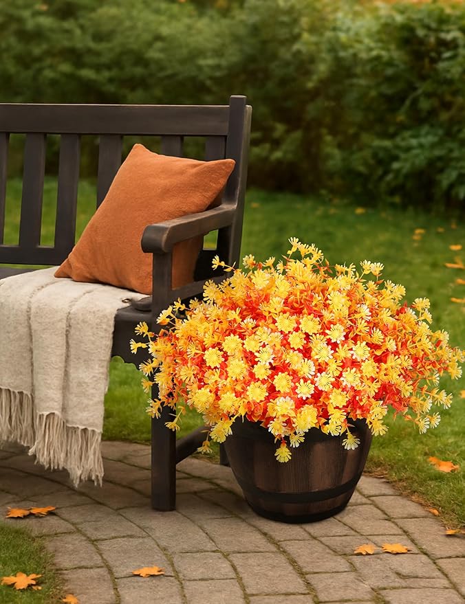 16 Bundles Artificial Flowers for Fall Outdoors Decoration - Fake Mums Faux Artificial Plants Plastic Flower No Fade for Harvest Halloween Thanks Giving Day Decor