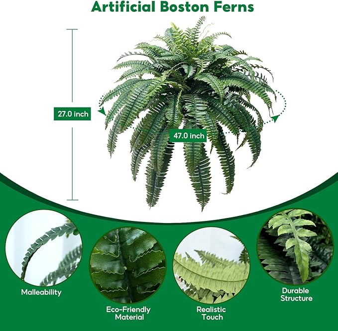 Artificial Boston Fern - 47” Faux Fern with 88 Leaves, Single Plant for Indoor & Outdoor Decoration, UV Resistant Greenery for Porch, Patio & Home Decor
