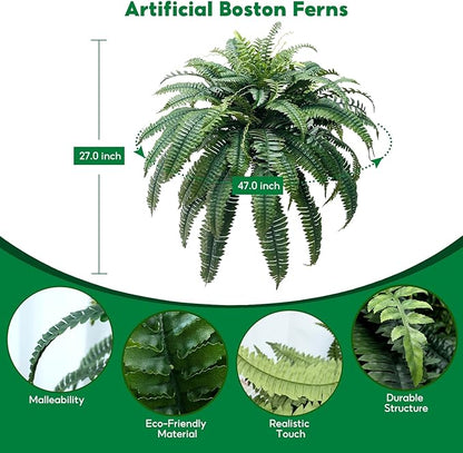 Artificial Boston Fern - 47” Faux Fern with 88 Leaves, Single Plant for Indoor & Outdoor Decoration, UV Resistant Greenery for Porch, Patio & Home Decor