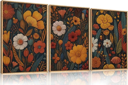 Vintage Orange Flower Framed Canvas Wall Art, Boho Abstract Floral Prints, Mid Century Botanical Flower Decor, Retro Neutral Plant Art Painting for Bedroom Living Room Office 16"x24"x3