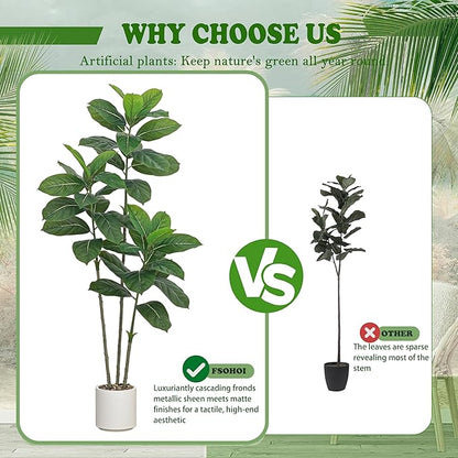 Ficus Tree Artificial Plants Indoor, 5FT Tall Fake Trees in White Pot, Large Potted Silk Floor Plant Artificial Trees, Green Lifelike Faux Ficus Tree for Home Room Office Porch Decor-Green