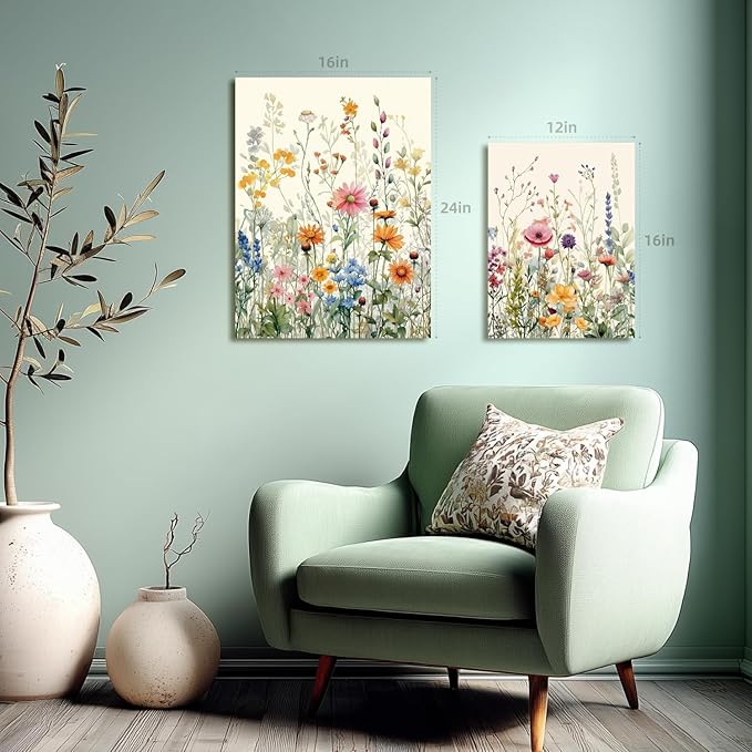 LLEEMPI Framed Watercolor Floral Wall Art Set of 3, Colorful Wildflower Wall Decor, Modern Abstract Botanical Canvas Painting, Rustic Farmhouse Poster Print for Bedroom Bathroom Office 12x16 Inch