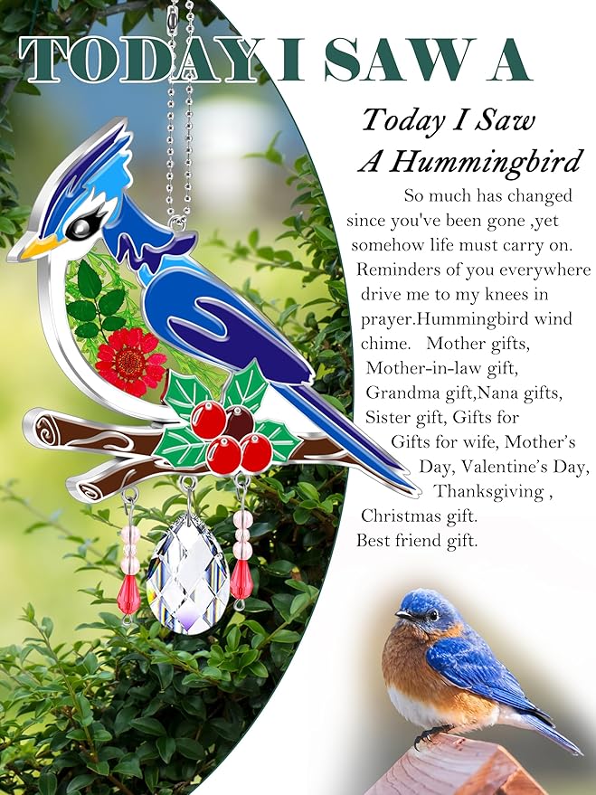 KY&BOSAM Blue Bird Suncatcher Gifts for Mom Hand Painted Stained Glass for Windows Hanging Wind Chime Pressed Rearl Flower Wings and Crystal Charm Gift for Mom Mother`s Day Birthday Christmas Decor