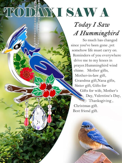 KY&BOSAM Blue Bird Suncatcher Gifts for Mom Hand Painted Stained Glass for Windows Hanging Wind Chime Pressed Rearl Flower Wings and Crystal Charm Gift for Mom Mother`s Day Birthday Christmas Decor