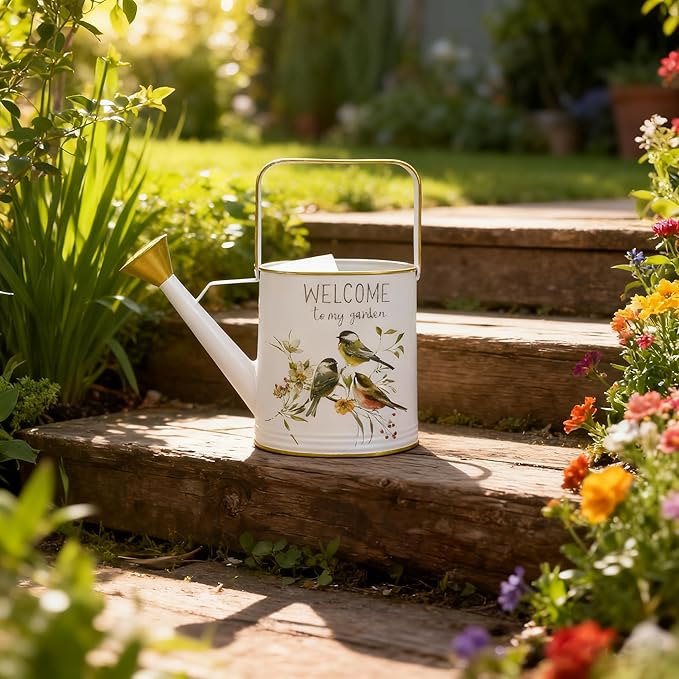 Vintage Metal Watering Can with Gold Accents & Bird Floral Welcome to My Garden Design Garden Decorative Watering Pot Farmhouse Waterer for Home Indoor Outdoor Balcony Courtyard (White)