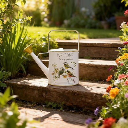 Vintage Metal Watering Can with Gold Accents & Bird Floral Welcome to My Garden Design Garden Decorative Watering Pot Farmhouse Waterer for Home Indoor Outdoor Balcony Courtyard (White)