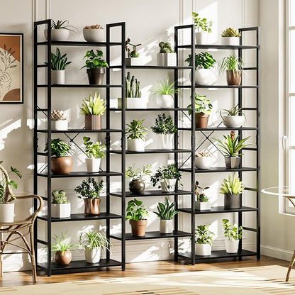 OTK Triple Wide 6 Tier Bookshelf, Rustic Industrial Style Bookcases with 14 Open Display Shelves, Wide Bookshelves for Bedroom, Living Room and Home Office, Black