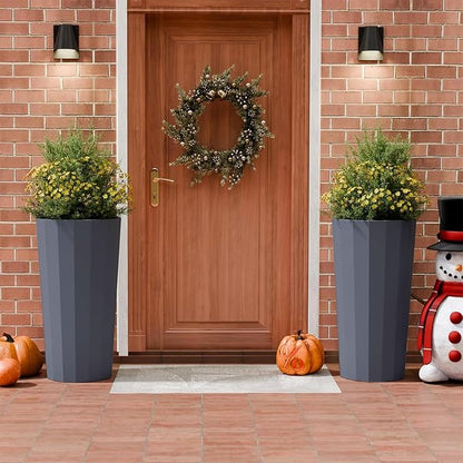 2PCS Tall Planters for Outdoor Plants, 23.6 Inches Large Outdoor Conical Flower Pots for Porch with Drainage Holes and Drainage Baffle, Tapered Large Planters for Garden, Balcony Use, Grey