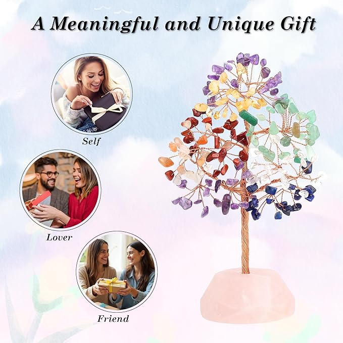 SITUMEIZI 7 Chakra Crystals 7.09IN Healing Stones Natural Rose Quartz Base Copper Wire Tree Life Reiki Gifts for Women Sister Room Office Desk Decor Birthday House Warming Gift