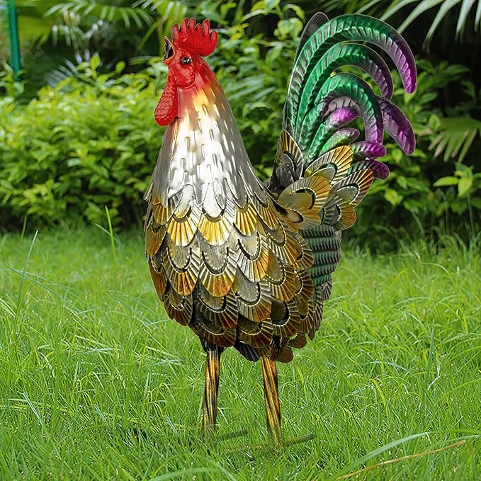 Metal Rooster Statues, Garden Chicken Decorations, Outdoor Chicken Sculptures, Metal Yard Rooster Artwork for Yard Farm Patio Lawn Porch Kitchen Decoration (Gold)