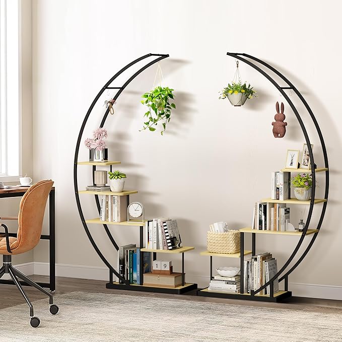 JAKE&JULIA Plant Stand, Moon 5 Tier Tall Metal Plant Shelf with 3 Hooks, Large Curved Shape Rack Plant Holder for Living Room, Garden, Patio, Balcony