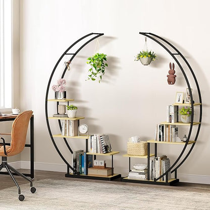 JAKE&JULIA Plant Stand, Moon 5 Tier Tall Metal Plant Shelf with 3 Hooks, Large Curved Shape Rack Plant Holder for Living Room, Garden, Patio, Balcony