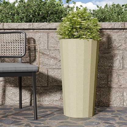 2PCS Tall Planters for Outdoor Plants, 23.6 Inches Large Outdoor Conical Flower Pots for Porch with Drainage Holes and Drainage Baffle, Tapered Large Planters for Garden, Balcony Use, Beige