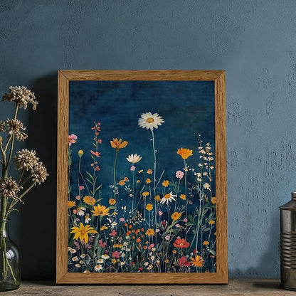 Wojuin Framed Dark Blue Botanical Floral Canvas Wall Art, Rustic Colorful Wildflower Artwork Wall Decor, Vibrant Vintage Flower Painting Prints for Living Room Bedroom Bathroom Office 8x10 in