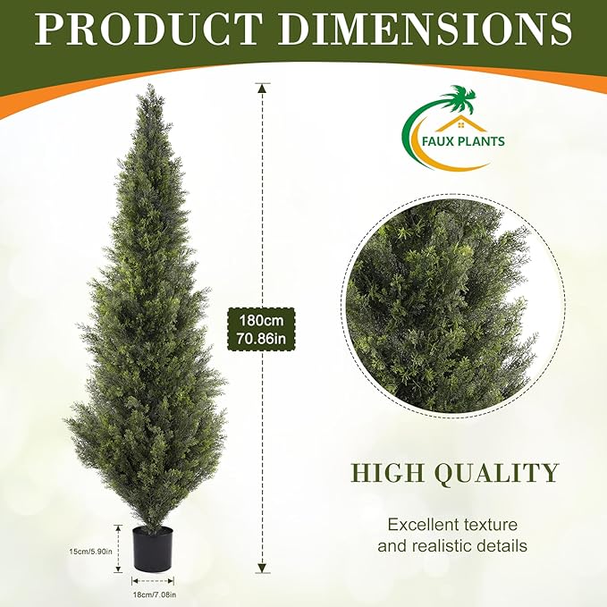 6FT Artificial Cedar Topiary Trees, Set of 2 Realistic Outdoor Indoor Fake Potted Plants with Planter, UV Resistant for Porch, Garden, Balcony, Patio & Office Decor
