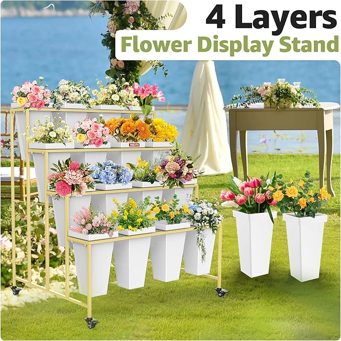 4 Layers Flower Display Stand with Buckets, 16 PCS Buckets Plant Stand with Wheels, Movable Metal Plant Stand for Terrace Garden, Living Room, Florist Shop