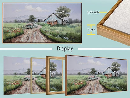 Framed Landscape Wall Art Canvas, Nature Painting Art Wall Decor for Living Room Farmhouse Picture Textured Large Farm Barn Artwork for Bedroom Home Office 48"x24"