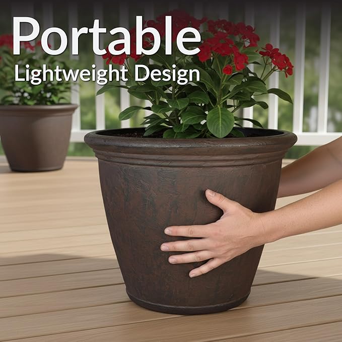 Sunnydaze 15.25-Inch Anjelica Large Plastic Pot for Plants - Double-Walled Outdoor Polyresin Round Planter with Drillable Drainage Holes - Rust