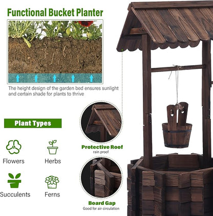 Garden Wooden Decor Rustic Wishing Well Planter Outdoor Home Décor for Patio, Upgrade Wishing Well Garden, Yard Hanging Bucket Patio Lawn Backyard Home Decor