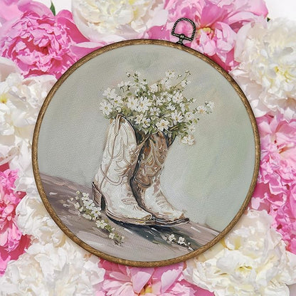 TLESKE White Preppy Western Cowgirl Round Wall Art Decor, Vintage Cowgirl Boots Framed Canvas Prints Wall Art Artwork, Wall Hanging Room Door Decor for Teen Girls Room Dorm Bedroom, 10x10