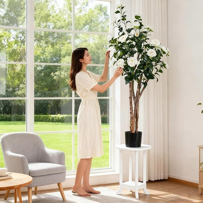 5ft Decorative Artificial Camellia Tree with White Flowers, Potted Faux Floral Plant, Realistic Blooming Fake Plants for Indoor Outdoor Home Front Door Planter Decor