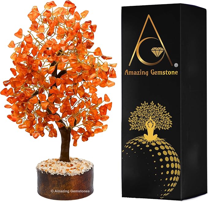 Amazing Gemstone Carnelian Natural Healing Crystal Bonsai Feng Shui Fortune Money Tree of Life for Home Office Decor, 10-12 Inch