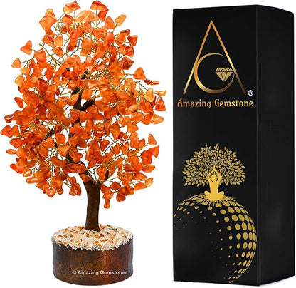 Amazing Gemstone Carnelian Natural Healing Crystal Bonsai Feng Shui Fortune Money Tree of Life for Home Office Decor, 10-12 Inch