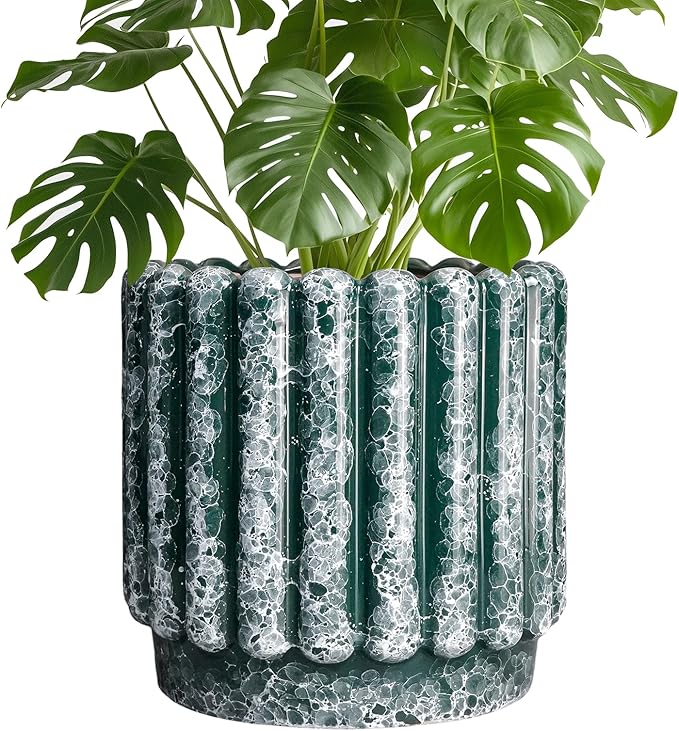 Ceramic Pots for Plants - 9.6 Inch Plant Pot Indoor with Drainage Hole, Large Ceramic Planters for Outdoor, Fluted Round Flower Planter, Home Decor Living Room, Birthday Gifts, Green