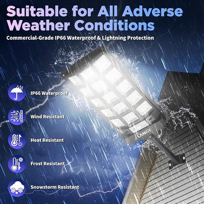 Solar Street Lights Outdoor,2 Pack Solar Lights Outdoor Waterproof Dusk to Dawn 60000LM 6500K Solar Flood Lights Motion Sensor with Remote Control, Commercial Area Lighting for Outside Parking Lot