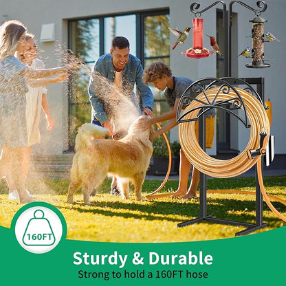 TomCare Garden Hose Holder with Shepherds Hooks Heavy Duty Water Hose Holder Holds 160 FT Hoses Freestanding Hose Reel with 2 Tool Hooks Stable Hoses Hanger Storage Stand for Outside Yard, Black