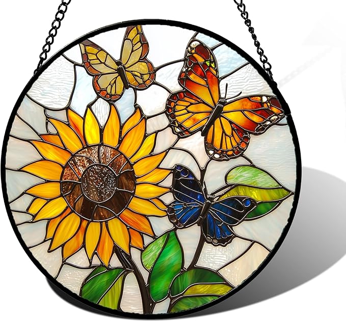Stained Glass Window Hanging, Butterfly and Sunflowers Sun Catchers Glass Panel Plant Insects Suncatcher Decor for Birthday for Women, Men, Wife, Aunt, and Mom 7.8 in