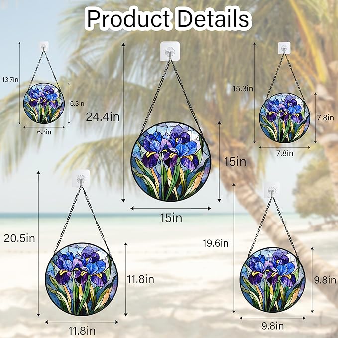 Stained Glass Window Hanging - Blue Purple Iris Flower Suncatcher for Door Garden Patio Sun Catchers Decor Christmas Mother's Day Birthday Gifts for Women Men Mom Nana Aunt Friend 15 in