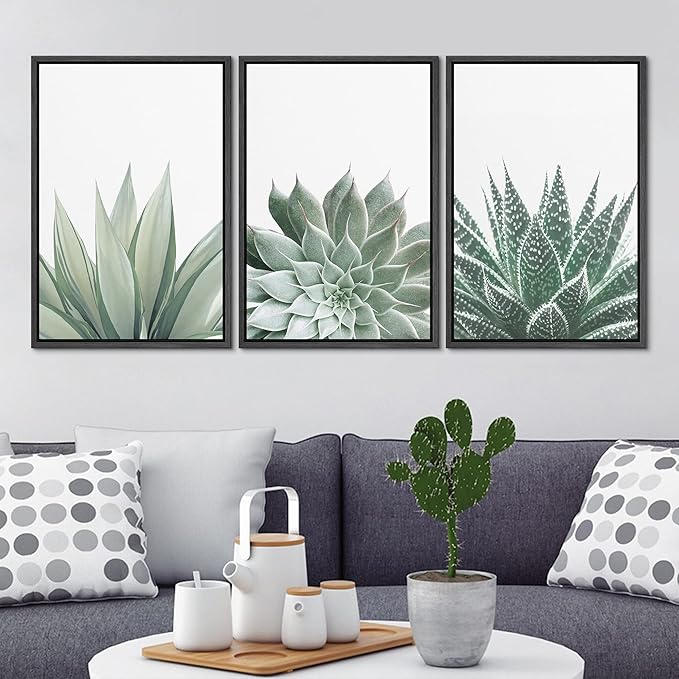 Ashbrook Framed Canvas Print Wall Art Set Green Desert Cactus Succulent Variety Nature Wilderness Photography Modern Art Minimal Chic Colorful for Living Room, Bedroom, Office - 24"x36"x3 Black