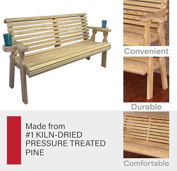 Amish Casual Heavy Duty Pressure Treated 5 Foot Outdoor Garden Bench with Cup Holders - Amish Crafted Roll Back Design in Unfinished, 700 Lb Weight Capacity
