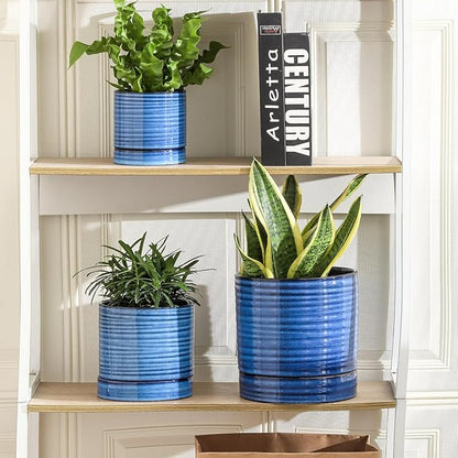 HASENSE 3 Piece Ceramic Plant Pots, 8/6/4.6 Inch, Indoor Pot for Plants with Drainage Holes and Saucer, Modern Flower Planter for Home Office, Blue