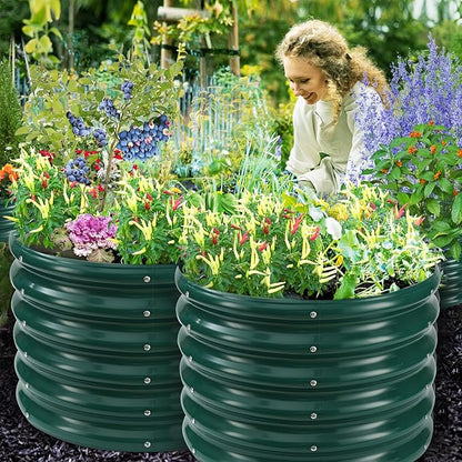 17" Tall Round Outdoor Garden Raised Garden Bed Kits-0.8MM Thick Metal Raised Planter Bed/Ground Planter Box for Variety of Flowers,Herbs,Vegetables,Trees (Dark Green, 24 Dia X 16.5 inches)