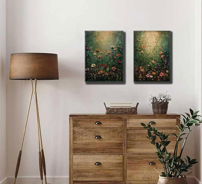 2Psc Vintage Framed Canvas Wall Art Dried Flowers Painting Picture Wall Decor Retro Moody Floral Botanical Poster Print Artwork for Bathroom Bedroom Living Room Gallery Home Decoration