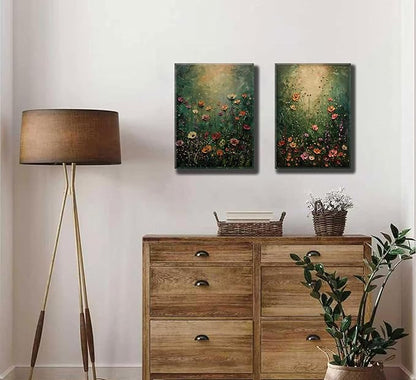 2Psc Vintage Framed Canvas Wall Art Dried Flowers Painting Picture Wall Decor Retro Moody Floral Botanical Poster Print Artwork for Bathroom Bedroom Living Room Gallery Home Decoration