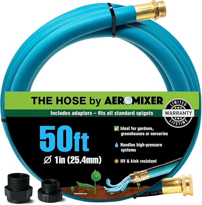 Aeromixer THE HOSE - 1 Inch Garden Hose 50 Ft, Kinkless Commercial Garden Hoses, Heavy Duty Industrial Water Hoses for Outdoors, 650 PSI High-Pressure Watering Tool for Farming and Gardening
