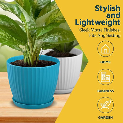 Multicolor 6-Inch Plant Pots with Drainage & Saucers 6 Pack, Indoor & Outdoor Planters for Houseplants, Herbs, and Flowers, Durable & Weatherproof Material, Stackable, Lightweight, Minimalist Design
