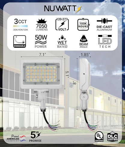 NUWATT 50W LED Flood Light, 3CCT 3000K/4000K/5000K Selectable, IP65 Waterproof Lighting, Adjustable Knuckle Mount, 7050LM, 0-10V Dimmable, 120-277V, Outdoor Security Floodlight for Yard, White, UL