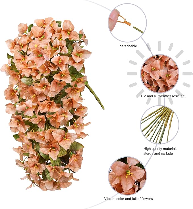 HyeFlora Bougainvillea Artificial Hanging Flowers Plants for Outdoors Winter Decoration, 2pcs Faux Bougainvillea Vines Brown Fake Flowers Realistic UV Resistant Silk Flowers for Outside Planter Yard