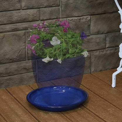 Sunnydaze 9-Inch Ceramic Plant Saucers - Plant Drip Trays for Outdoor Planter Flowerpot Drainage - Set of 4 - Imperial Blue