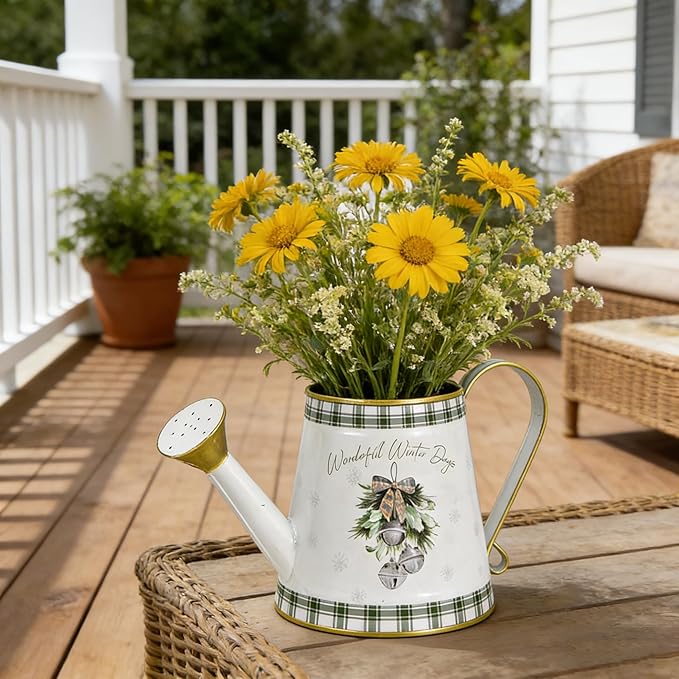 Vintage Metal Christmas Watering Can Decor - Wonderful Winter Days Design with Bell Wreath, Rustic Farmhouse Watering Pot Garden Decorative Planter for Holiday Home Mantel Tabletop Xmas Decor