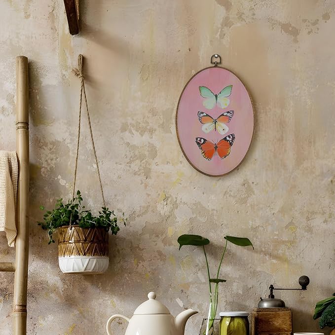 LKETW Butterfly Oval Wall Art Decor, Colorful Butterfly Oval Canvas Hanging Decor, Nature Insert Pink Wall Decorations for Girly Room Bedroom Home Living Room Office, 8.6x11.4 Inch