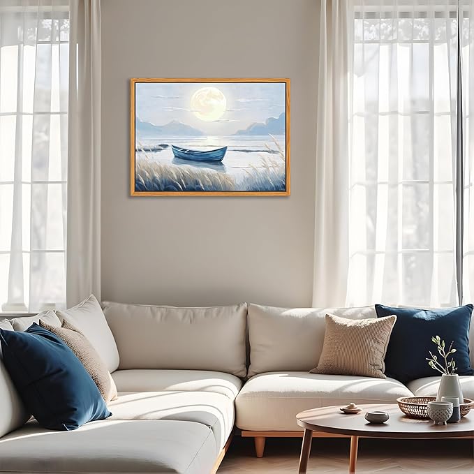 Floating Framed Coastal Bathroom Wall Art, Blue Beach Nautical Ocean Nature Canvas Picture, Blue Boat Moon Lake Mountain Sea Poster Print Painting, for Modern Home Bedroom Wall Decor 16x24 inch