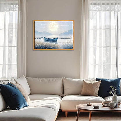Floating Framed Coastal Bathroom Wall Art, Blue Beach Nautical Ocean Nature Canvas Picture, Blue Boat Moon Lake Mountain Sea Poster Print Painting, for Modern Home Bedroom Wall Decor 16x24 inch