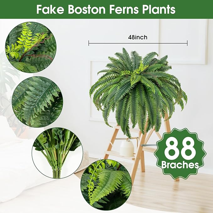 CQURE 48" Large Fake Fern Artificial Ferns for Outdoors,88 Fronds Realistic Artificial Boston Ferns Leaves Bush Plant for Indoor Outdoor Garden Porch Decor(Lifelike,UV Resistant,No Maintenance)