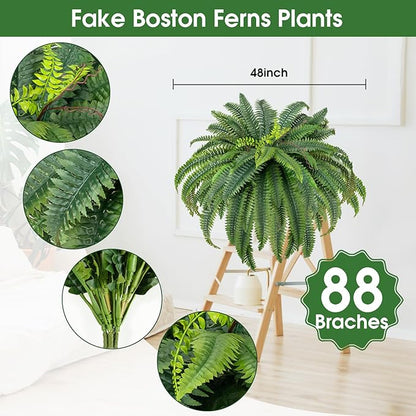 CQURE 48" Large Fake Fern Artificial Ferns for Outdoors,88 Fronds Realistic Artificial Boston Ferns Leaves Bush Plant for Indoor Outdoor Garden Porch Decor(Lifelike,UV Resistant,No Maintenance)