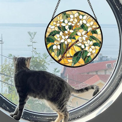 Stained Glass Window Hanging, White Flower Sun Catcher for Door Home Decor Plants Suncatcher Christmas Mother's Day Birthday Gifts for Women Men Mom and Nana 7.8 in